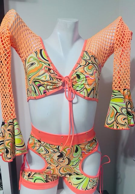 Cosmic Orange Fringe Two-Piece Exotic Dancer Outfit