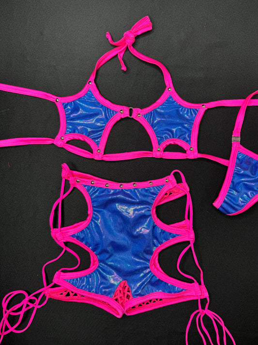 Hot Pink Fishnet/Deep Blue Star Top/Shorts Two-Piece Lingerie Outfit