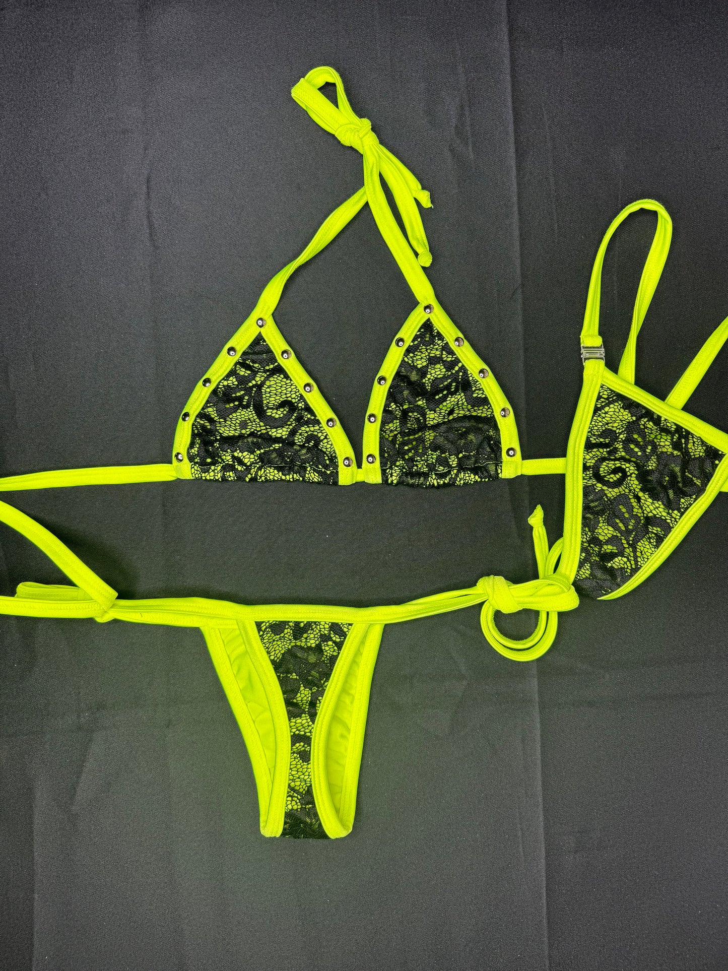 Black Lace/Neon Yellow Two-Piece Side-Tie Lingerie Bikini Outfit