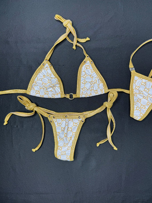 Gold/White Designer Two-Piece Side-Tie Bikini Lingerie Outfit