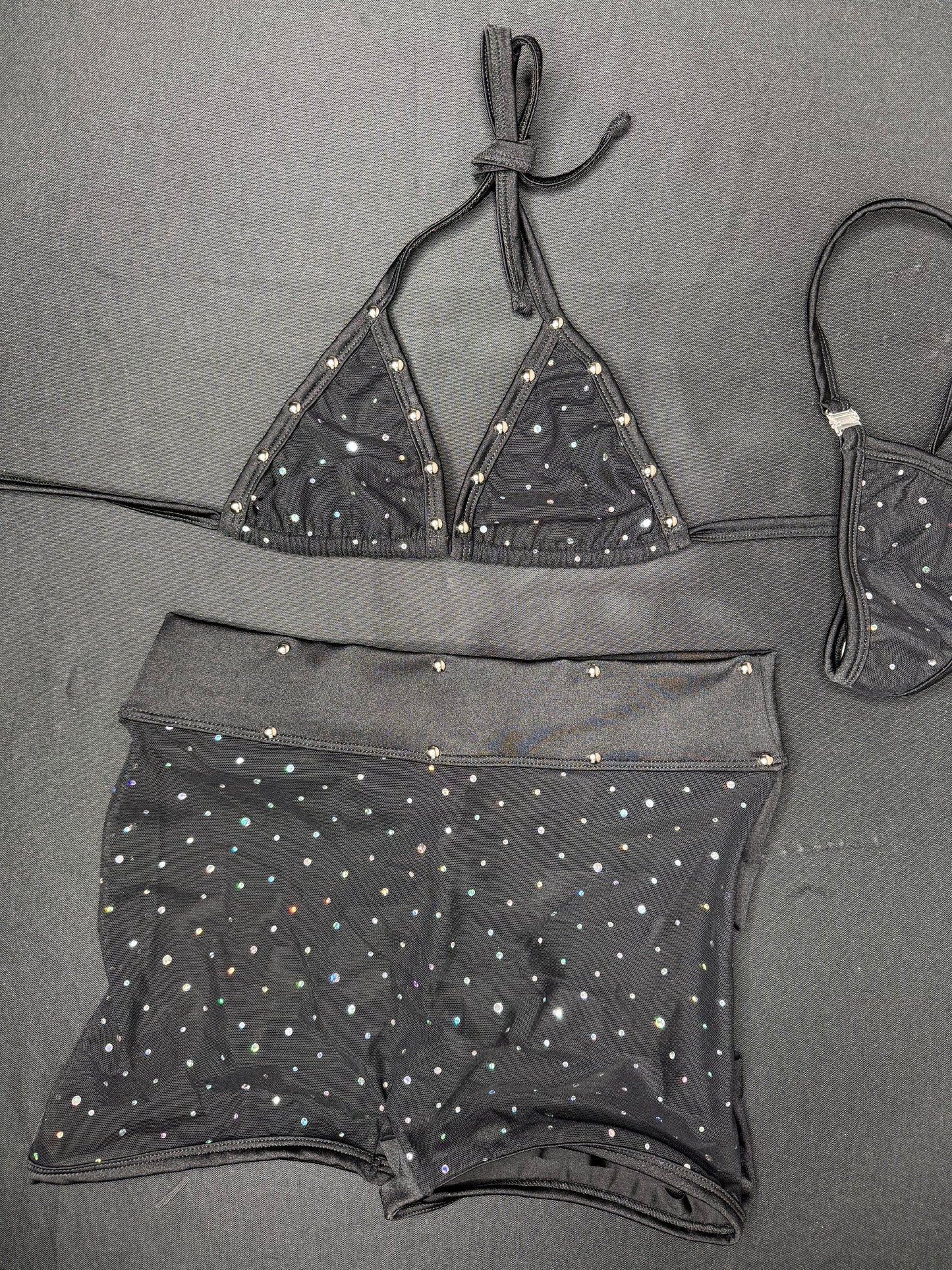 Silver Sparkle Black Mesh Bikini Top/Ripped Shorts Two-Piece Lingerie Outfit