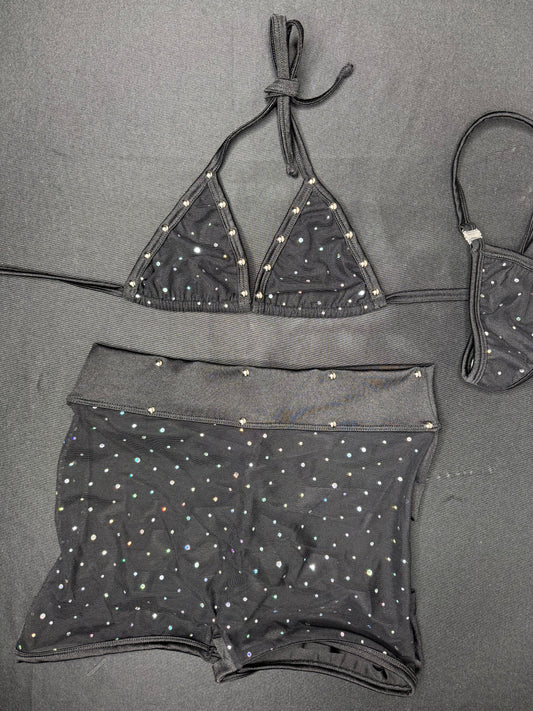 Silver Sparkle Black Mesh Bikini Top/Ripped Shorts Two-Piece Lingerie Outfit