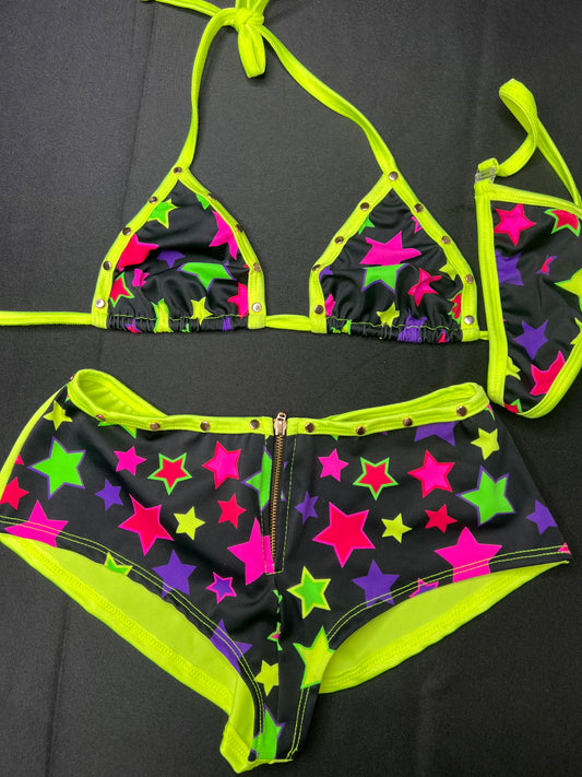 Neon Yellow/Black Star Pattern Two-Piece Shorts Exotic Dancer Outfit