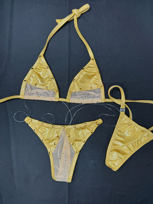 Gold Spandex/Mesh Bikini Two-Piece Exotic Dance Wear Outfit