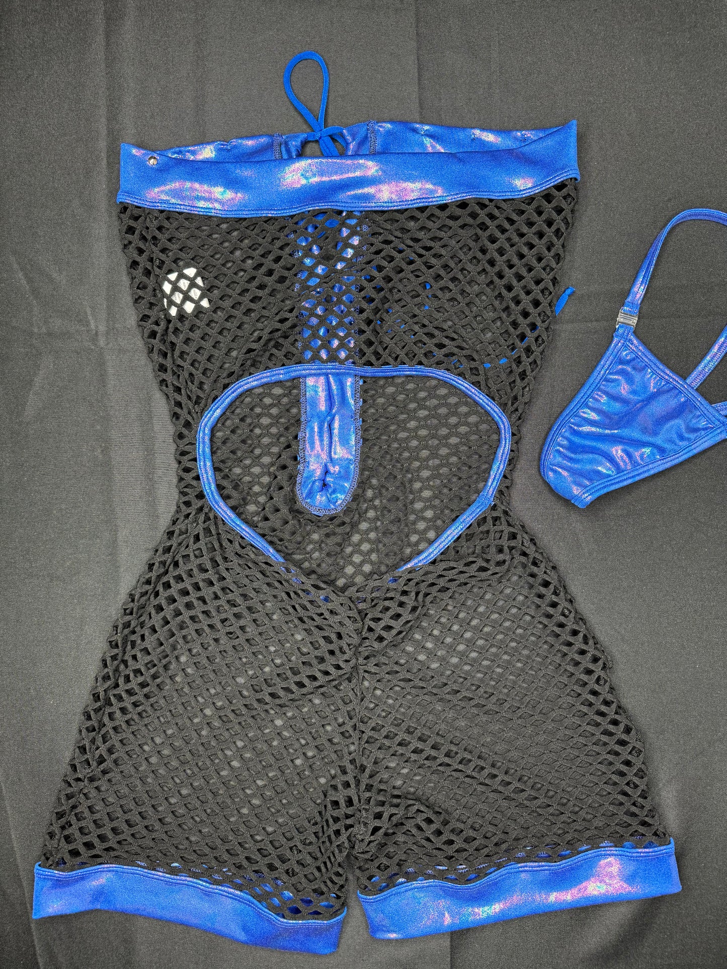 Mystic Blue/Black Fishnet One-Piece Lingerie Outfit