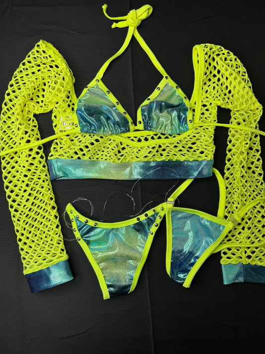 Aqua/Neon Yellow Three-Piece Stripper Outfit