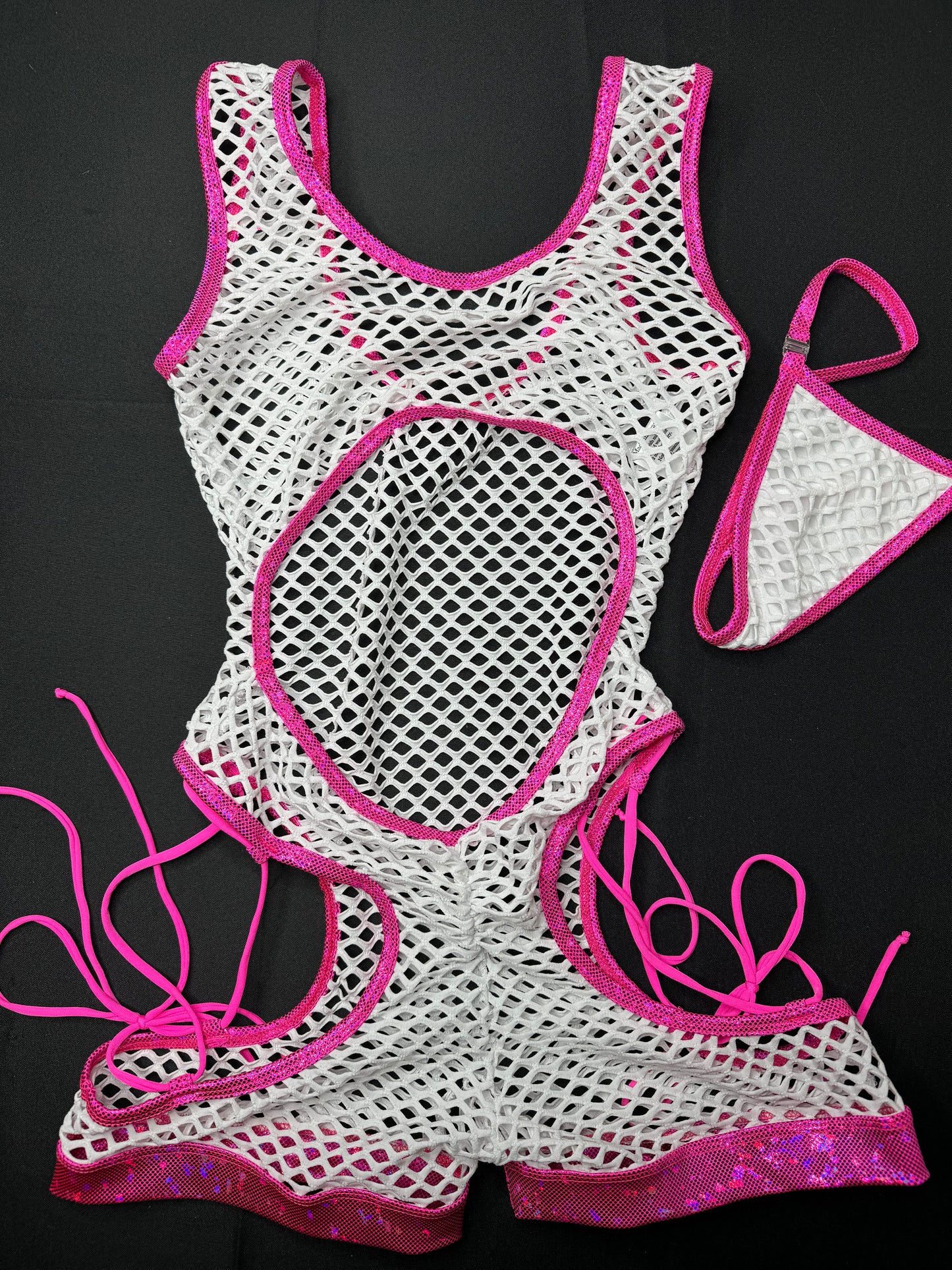 Hot Pink/White Fishnet Romper Exotic Dancer Outfit