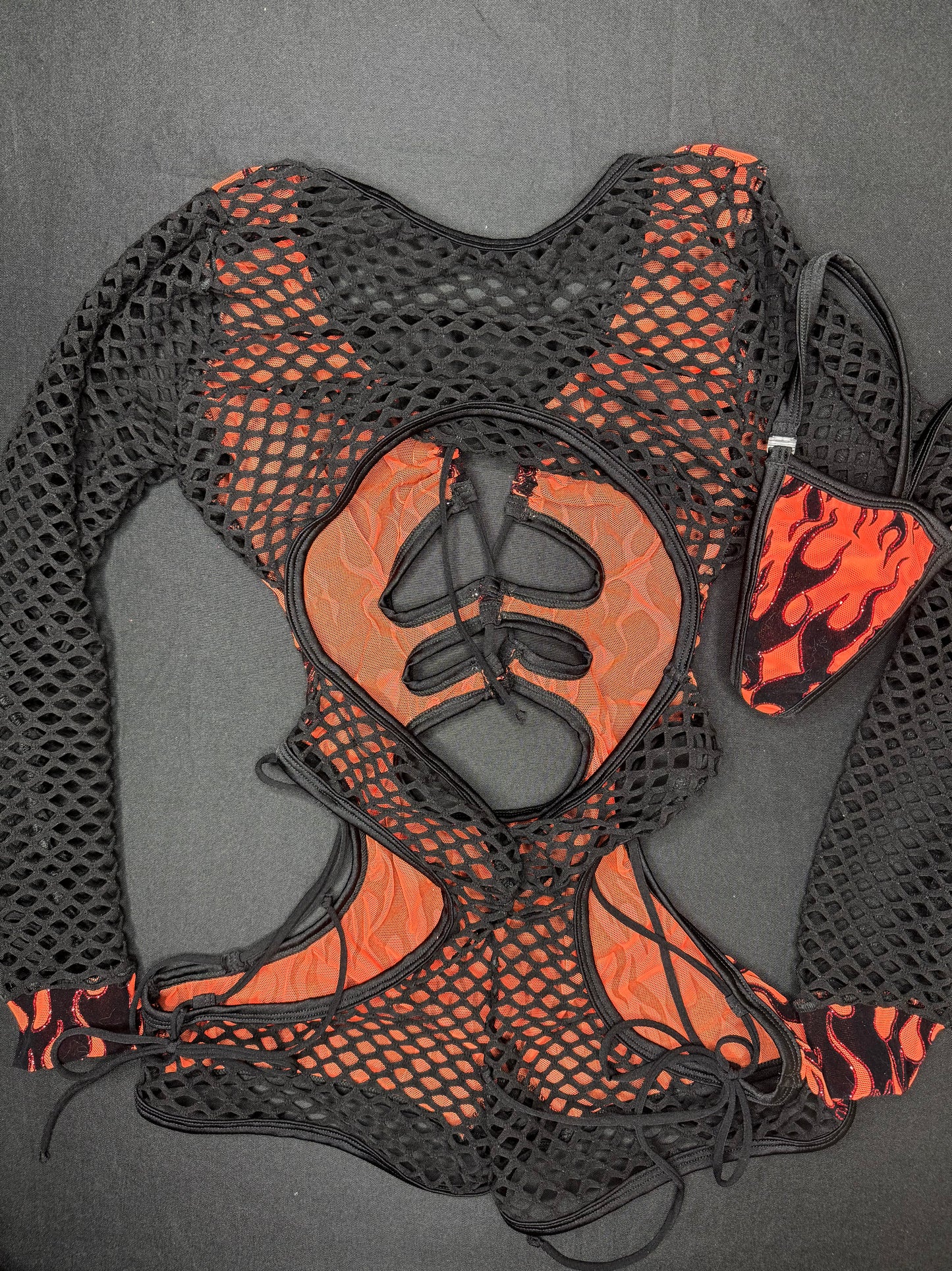 Orange Mesh/Black Fishnet One-Piece Romper Lingerie Outfit