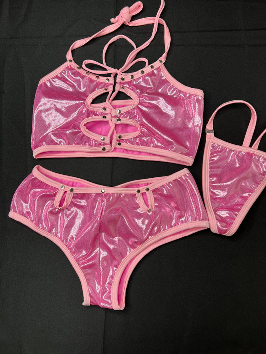 Metallic Pink Two-Piece Shorts Exotic Dance Wear