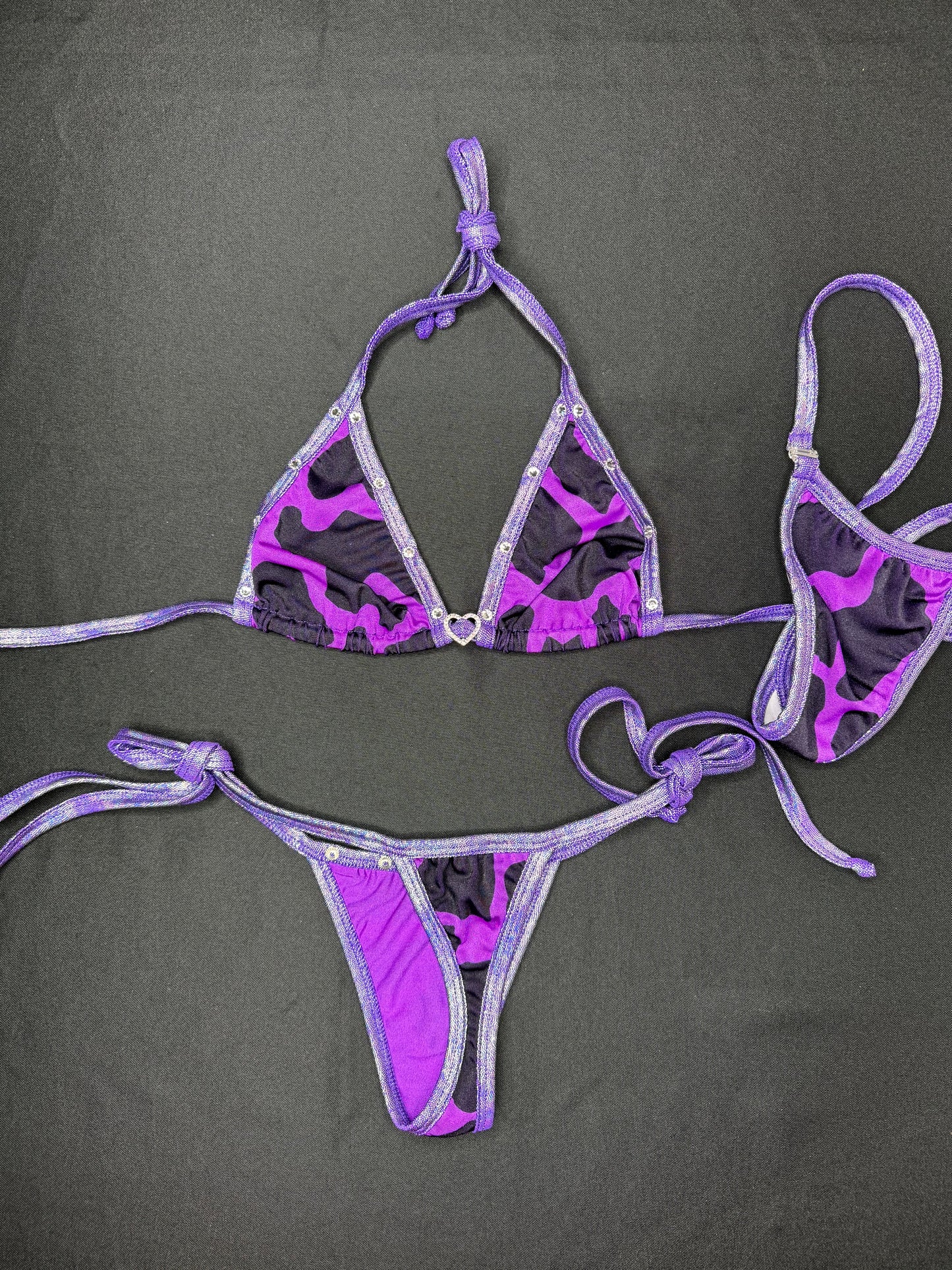Metallic Purple/Purple Cow Print Two-Piece Side-Tie Bikini Lingerie Outfit