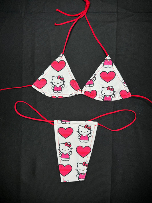 Red/White Kitty Two-Piece Micro Bikini Lingerie Outfit