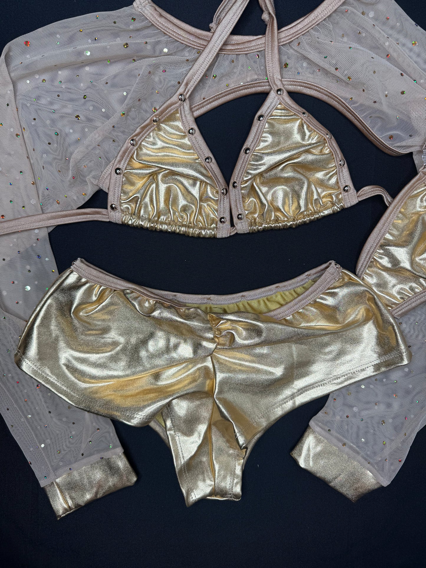 Gold Spandex/Gold Mesh Three-Piece Bikini Top/Shorts Lingerie Outfit