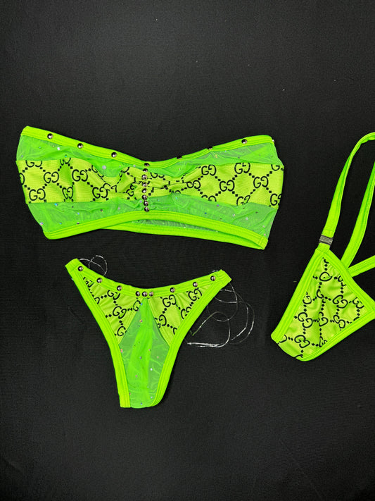 Neon Green Designer Tube Top Two-Piece Lingerie Outfit