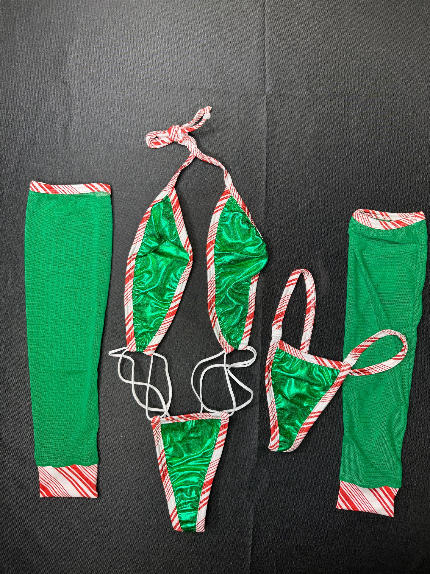 Green/Candy Cane Sling-Shot One-Piece Lingerie Outfit