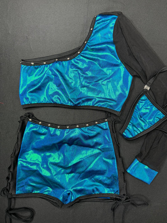 Aqua/Black Single Sleeve/Shorts Two-Piece Lingerie Outfit