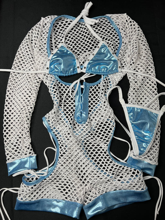 White Fishnet Long Sleeve Romper & Metallic Baby Blue Bikini
