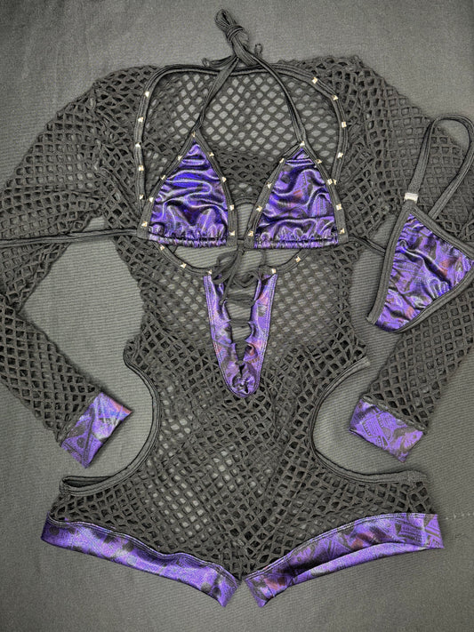 Holographic Purple Money Print/Black Fishnet One-Piece Bartender Romper Lingerie Outfit