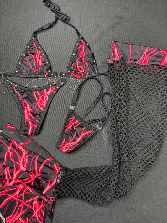 Red Lightning/Black Fishnet Bikini Leg Outfit