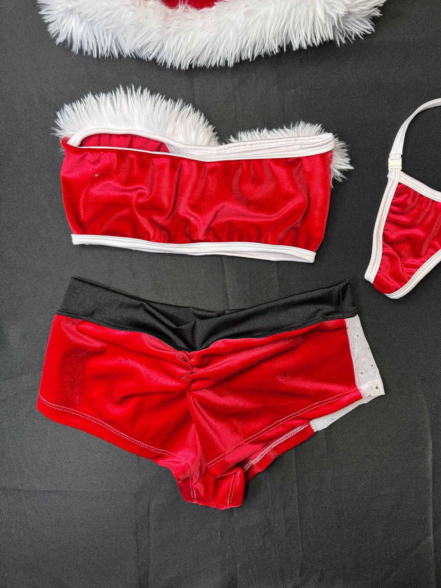 Red Velvet/White Mesh Tube Top/Shorts & Hat Christmas Lingerie Outfit