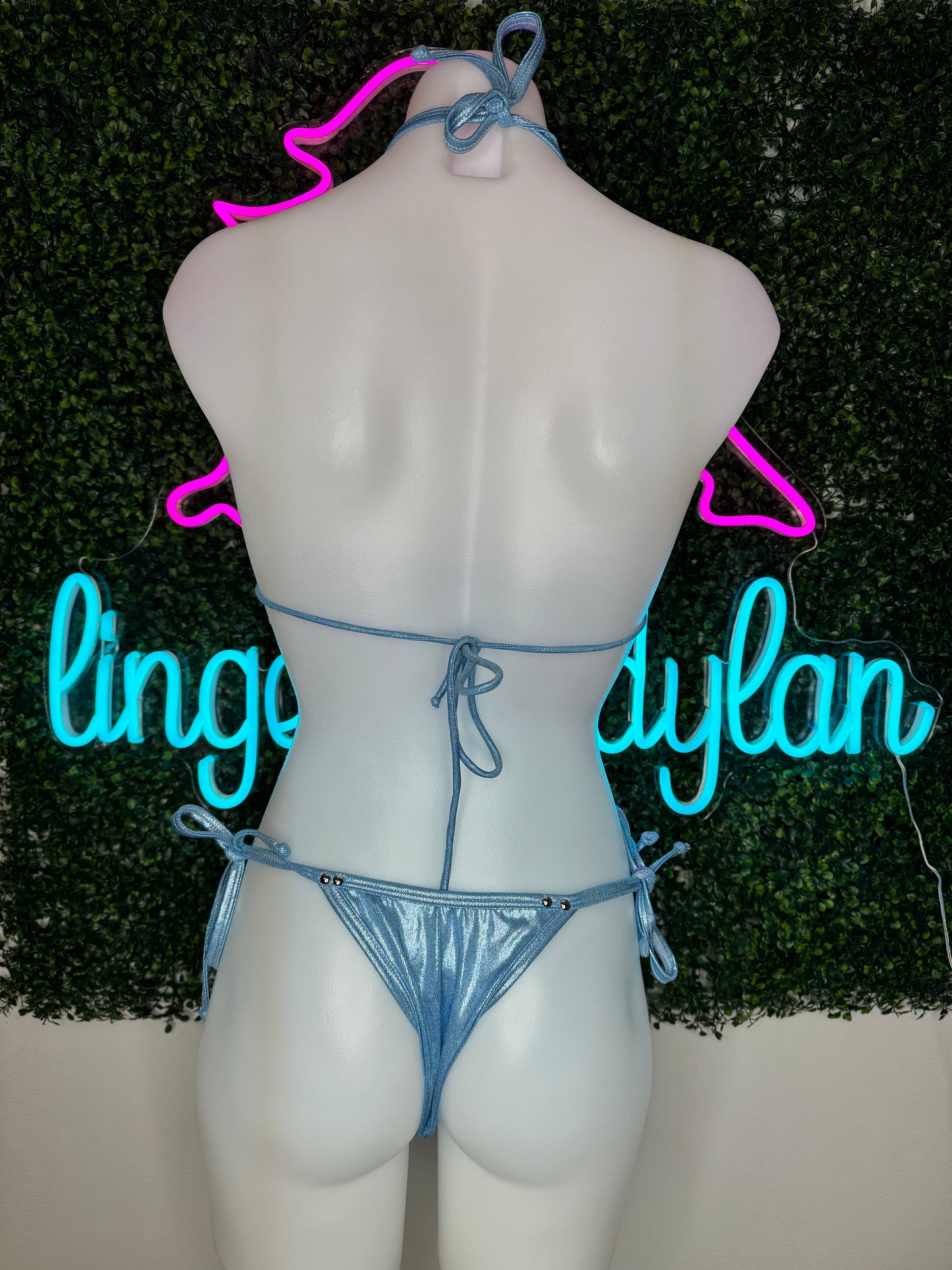 Metallic Baby Blue Two-Piece Bikini Outfit Exotic Dancer Lingerie