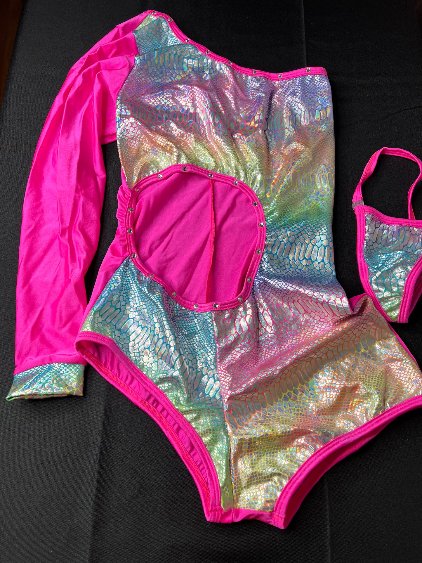 Fish Scale/Hot Pink Single Sleeve One-Piece Stripper Outfit