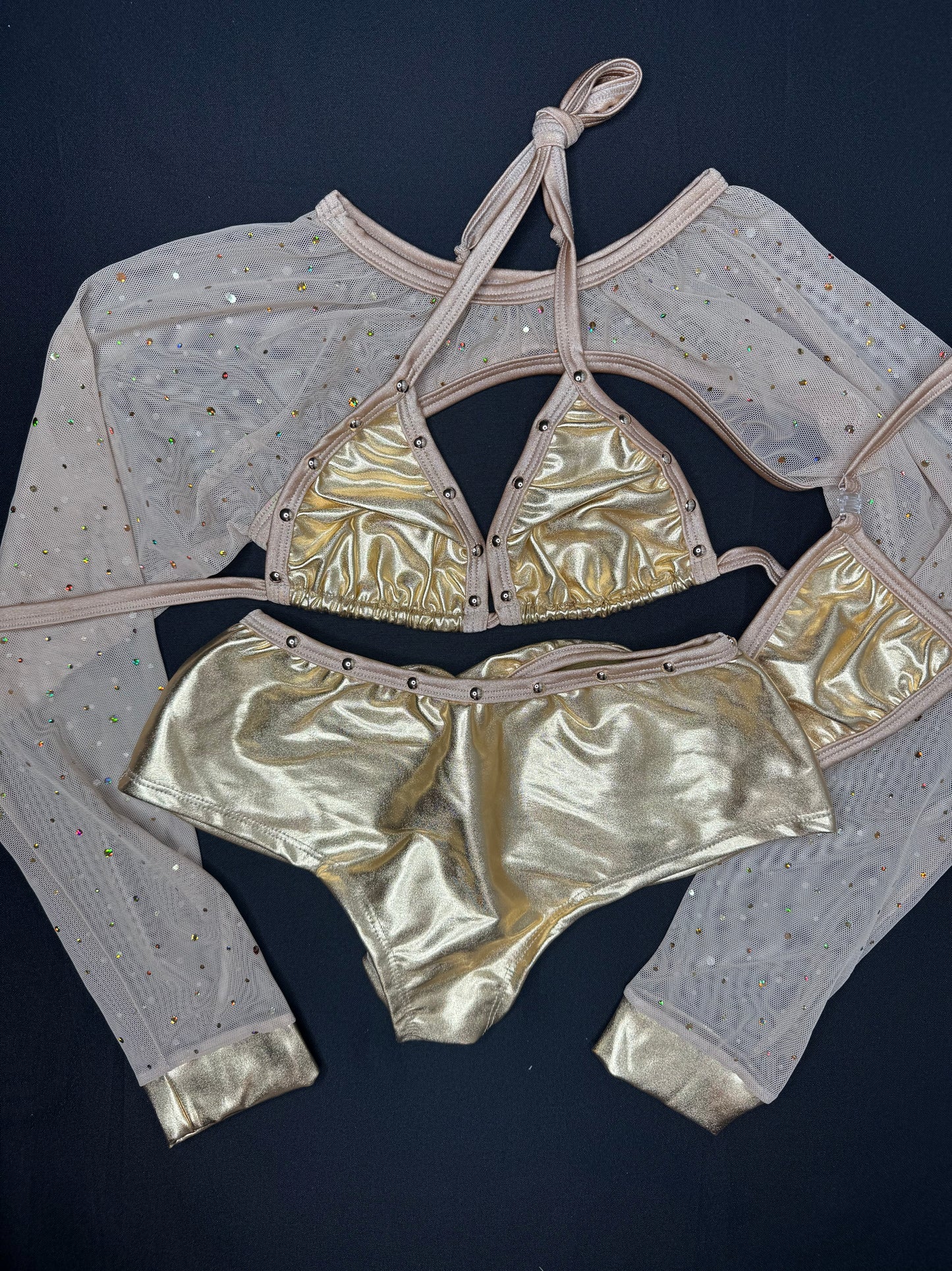 Gold Spandex/Gold Mesh Three-Piece Bikini Top/Shorts Lingerie Outfit