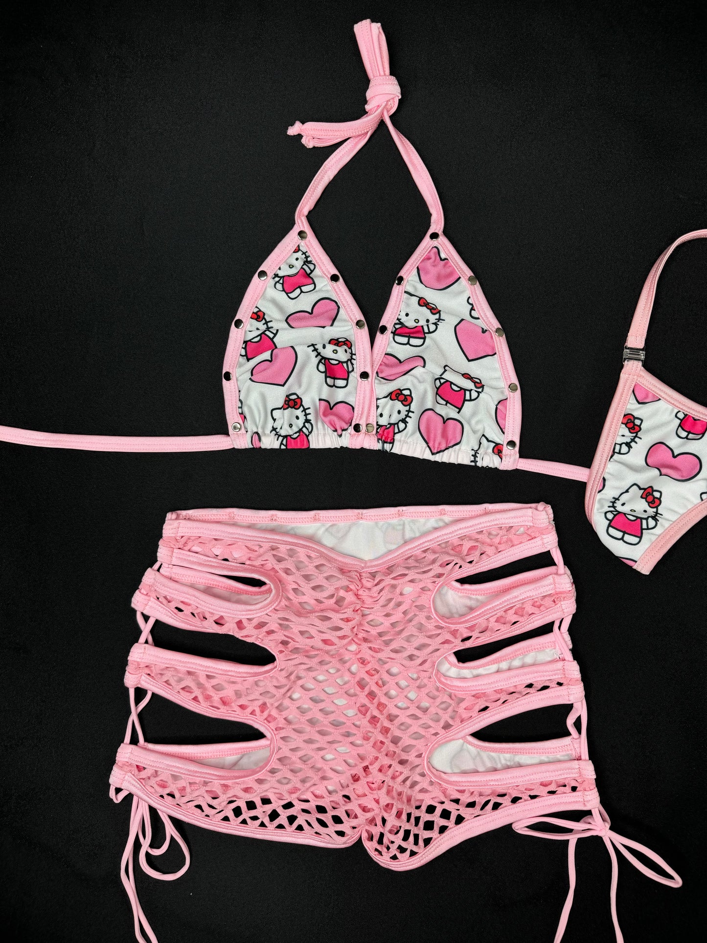 Baby Pink/White Kitty Bikini/Shorts Two-Piece Lingerie Outfit