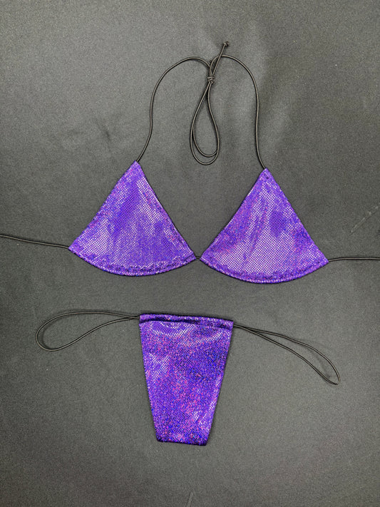 Metallic Purple Two-Piece Micro Bikini Lingerie Outfit