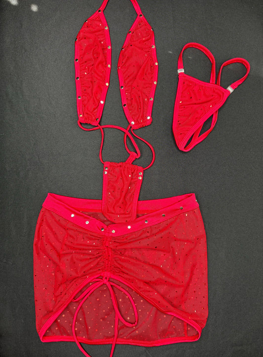 Red Mesh Two-Piece Sling-Shot Skirt Lingerie Outfit