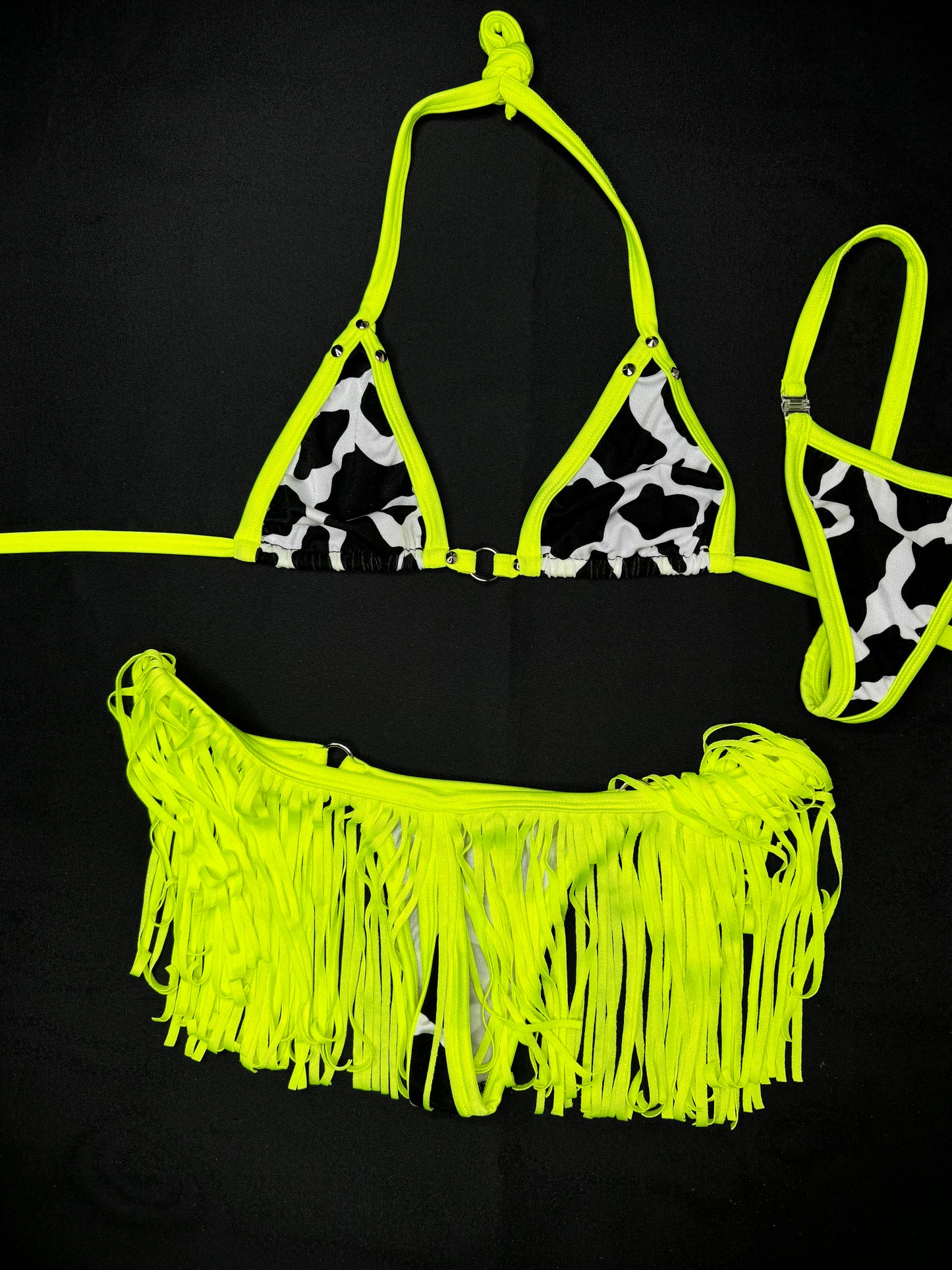 Neon Yellow/Cow Print Fringe Two-Piece Bikini Lingerie Outfit
