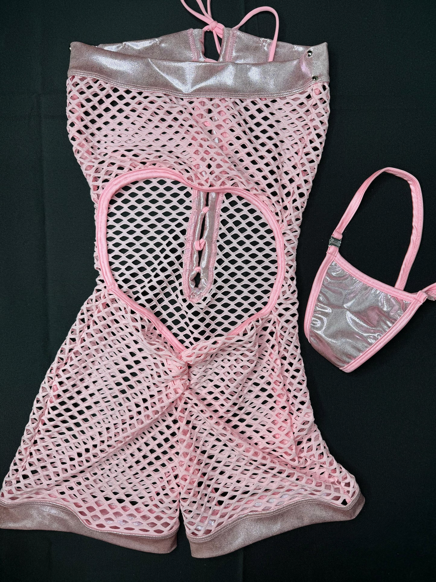 Metallic Pink/Baby Pink Fishnet One-Piece Exotic Dancer Outfit