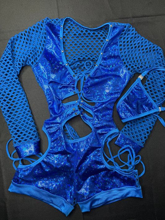 Metallic Blue/Royal Blue One-Piece Bartender Romper Outfit