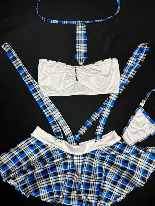 Blue/White Tube Top/Suspenders School Girl Skirt Lingerie Outfit