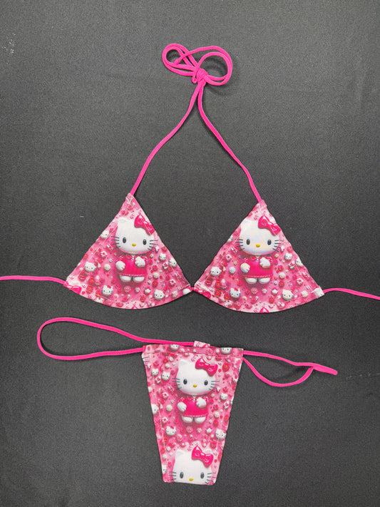 Pink/Hot Pink Kitty Two-Piece Micro Bikini Lingerie Outfit