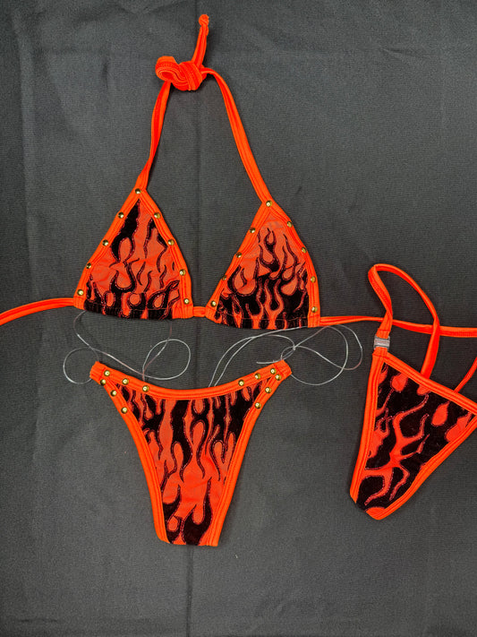 Orange Glitter Flame Two-Piece Bikini Lingerie Outfit