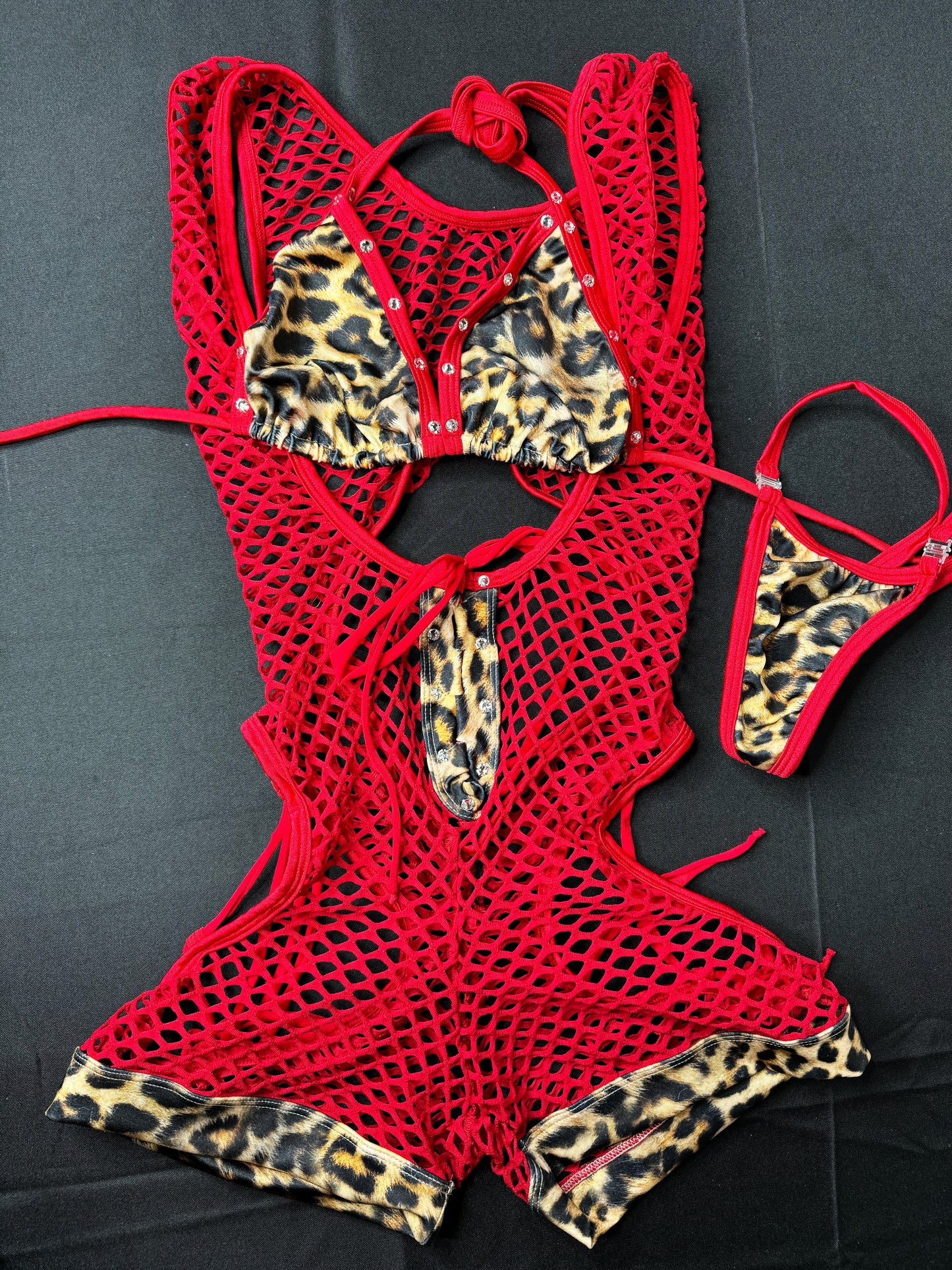 Cheetah Red Fishnet Romper Lingerie Exotic Dance wear