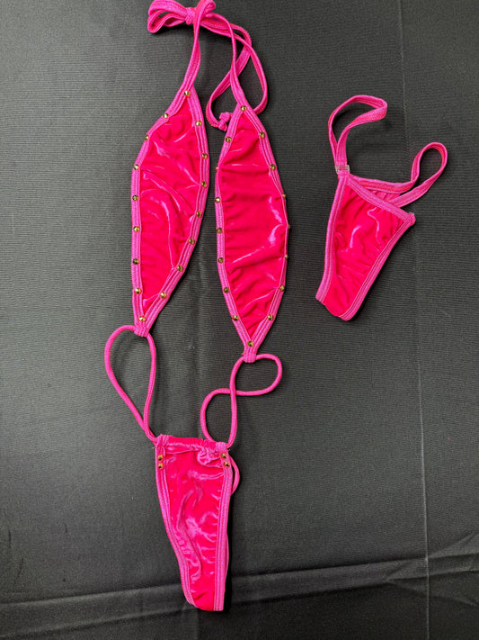 One-Piece Hot Pink Suede Exotic Dance Wear Sling Shot Outfit