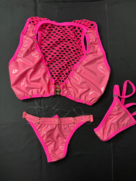 Exotic Dance Wear Two-Piece Baby Pink Latex Outfit Stripper Attire