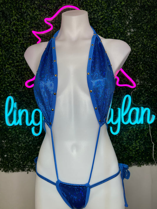 Metallic Blue Exotic Dance Wear Sling-Shot Outfit Sexy Lingerie