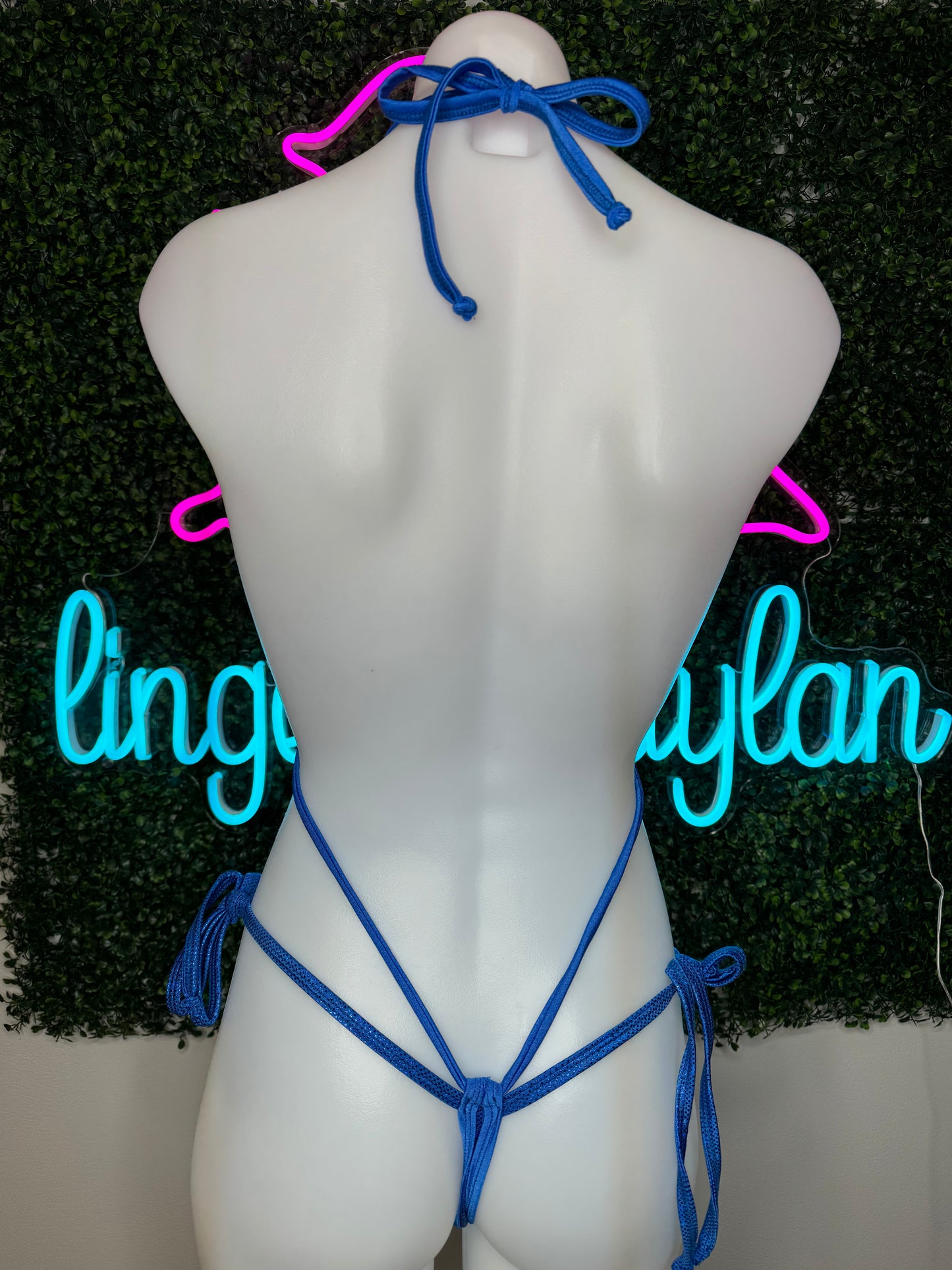 Metallic Blue Exotic Dance Wear Sling-Shot Outfit Sexy Lingerie
