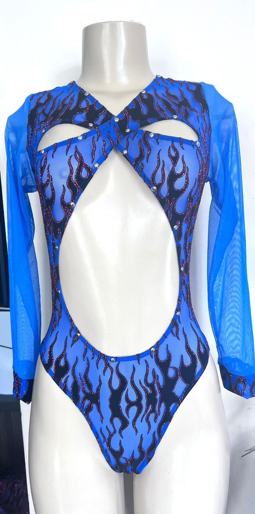 Mesh Blue Mesh Metallic Flames One-Piece Leotard Exotic Dancer Outfit