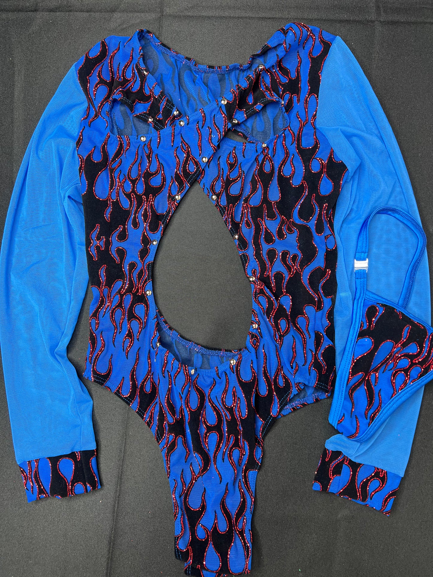 Mesh Blue Mesh Metallic Flames One-Piece Leotard Exotic Dancer Outfit