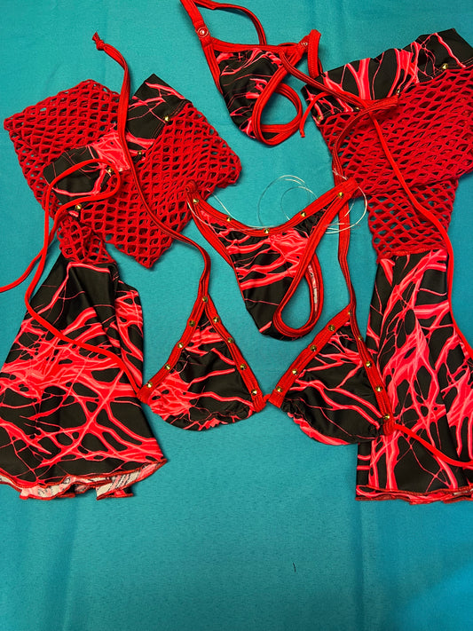 Red Fishnet/Black Lightning Stretch Fabric Leg Outfit