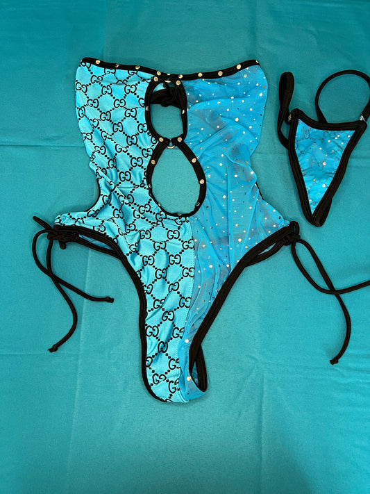 Baby Blue Mesh Dance Wear One-Piece Outfit Sexy Stripper Attire