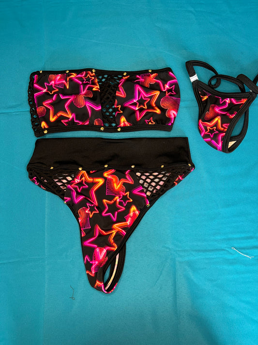 Two-Piece Black and Hot Pink Exotic Dancewear Outfit Strippers