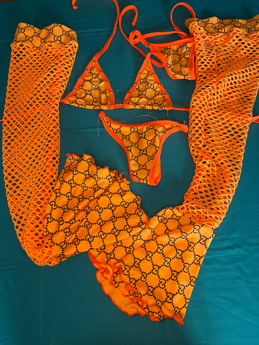 Exotic Dancewear Orange Stretch Fabric & Fishnet Leg Outfit