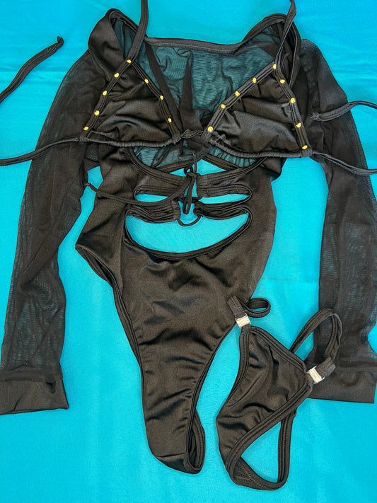 Leotard Bikini Black Long Sleeve Exotic Dance Wear Outfit