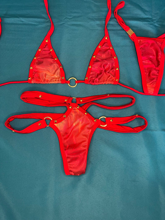 Red Metallic Dance Wear Two-Piece Bikini Top & Strap Bottoms