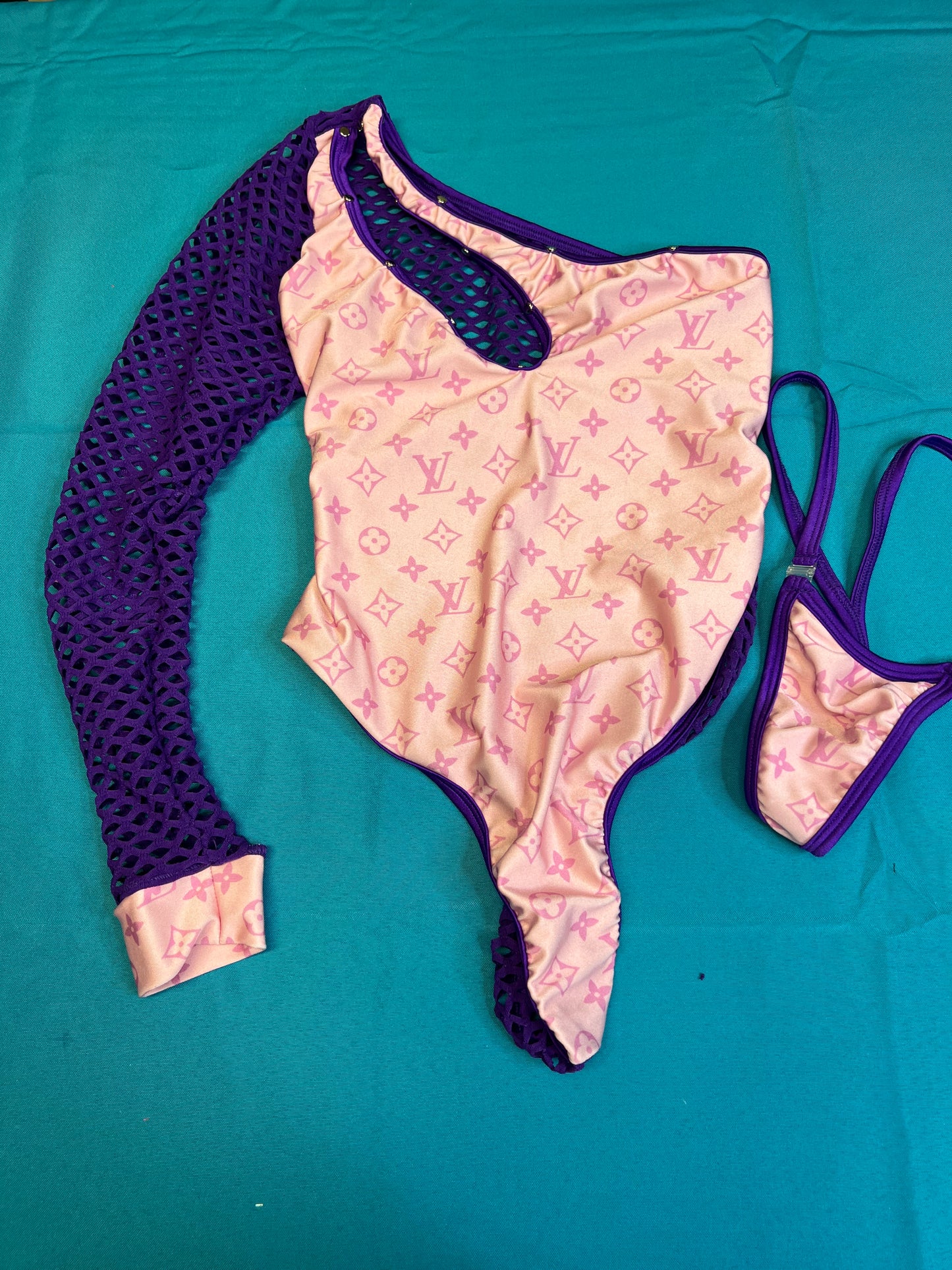 Leotard Single Sleeve Purple Fishnet & Baby Pink Dancewear