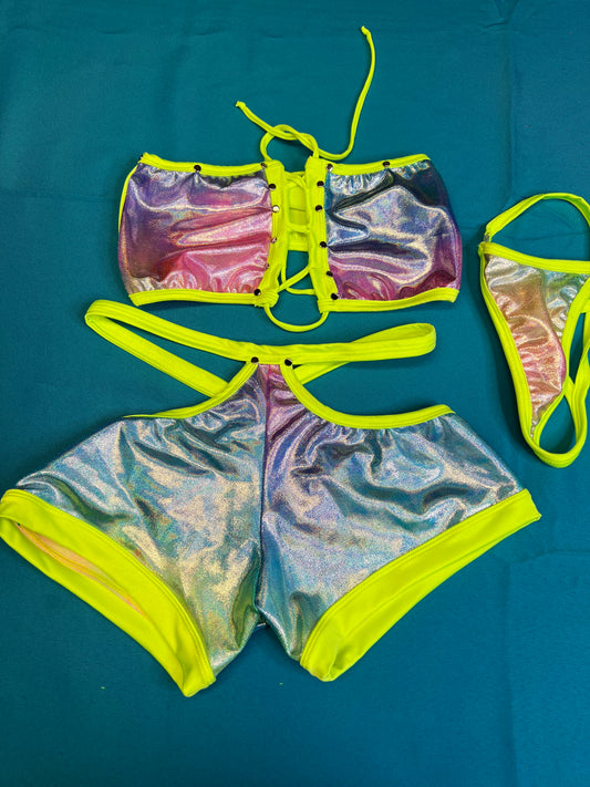 Neon Yellow/Candy Stretch Fabric Two-Piece Exotic Dance Wear